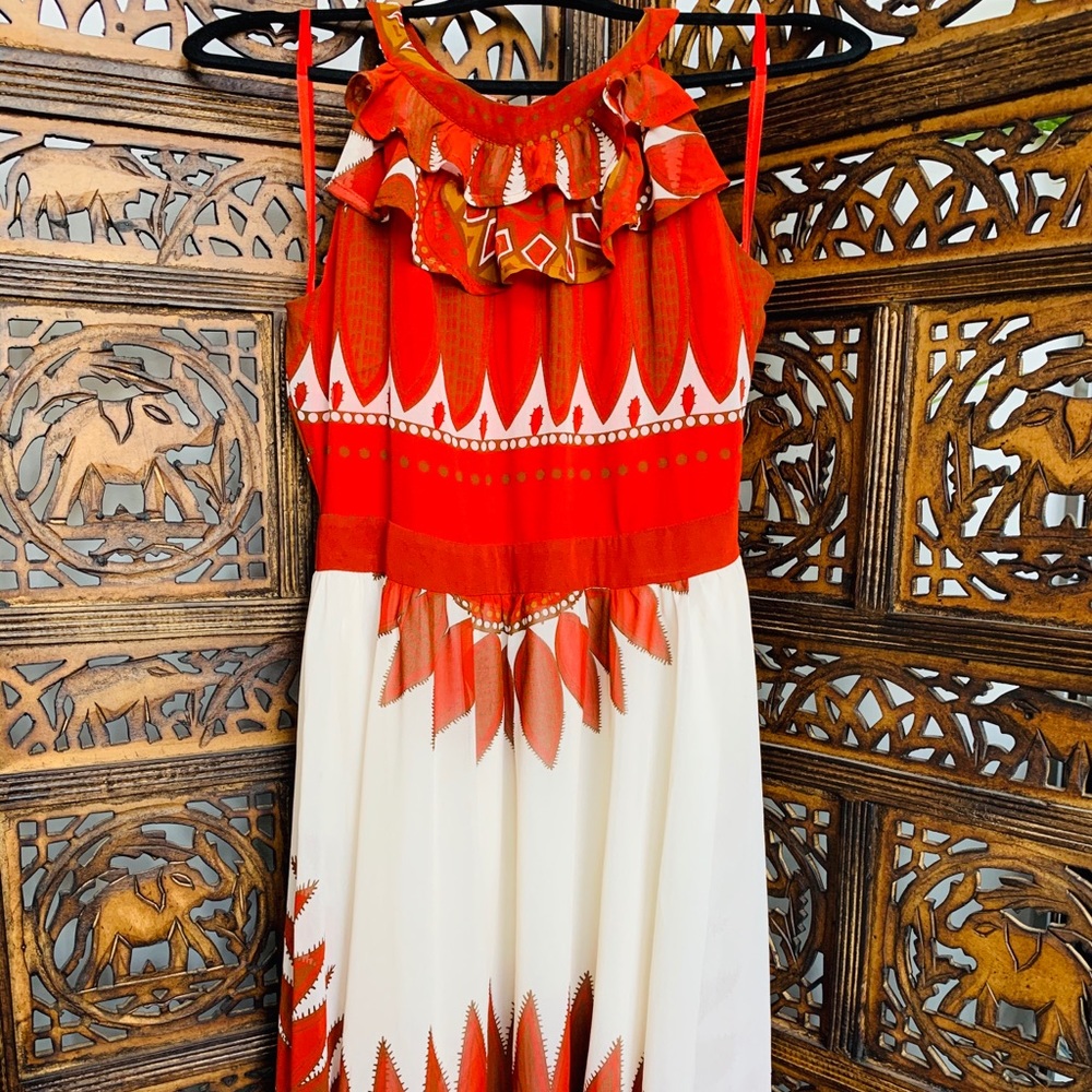 Annabella halter dress with red feather print